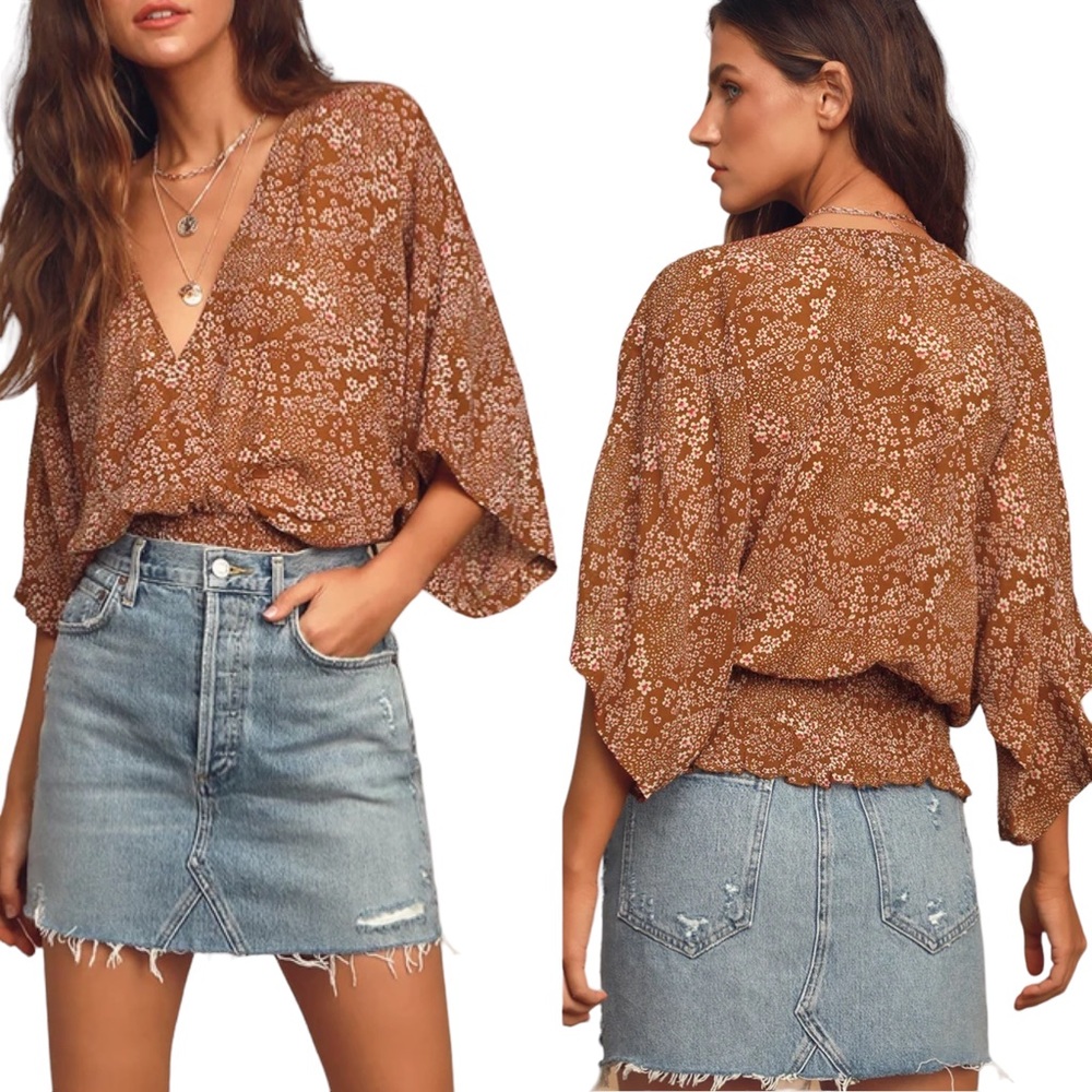 Lulu’s Brown Floral Flowy Sleeves Smocked Hem V-Neck New With Tags-M